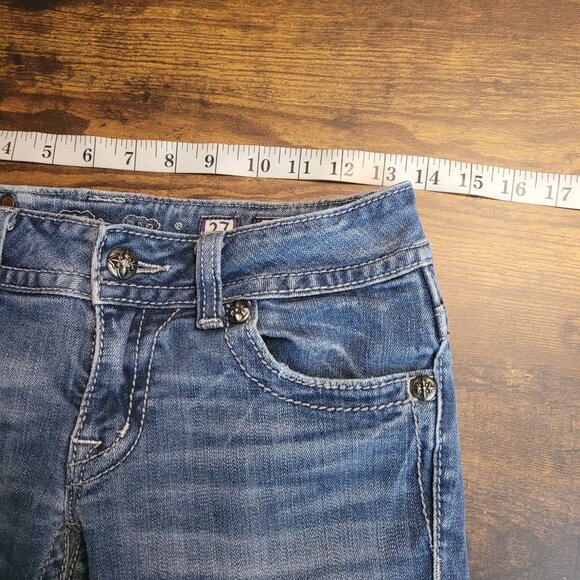 Miss Me Jeans 27 Low Rise Capri Button Flap Ripped Embellished Fray Western - Picture 6 of 11